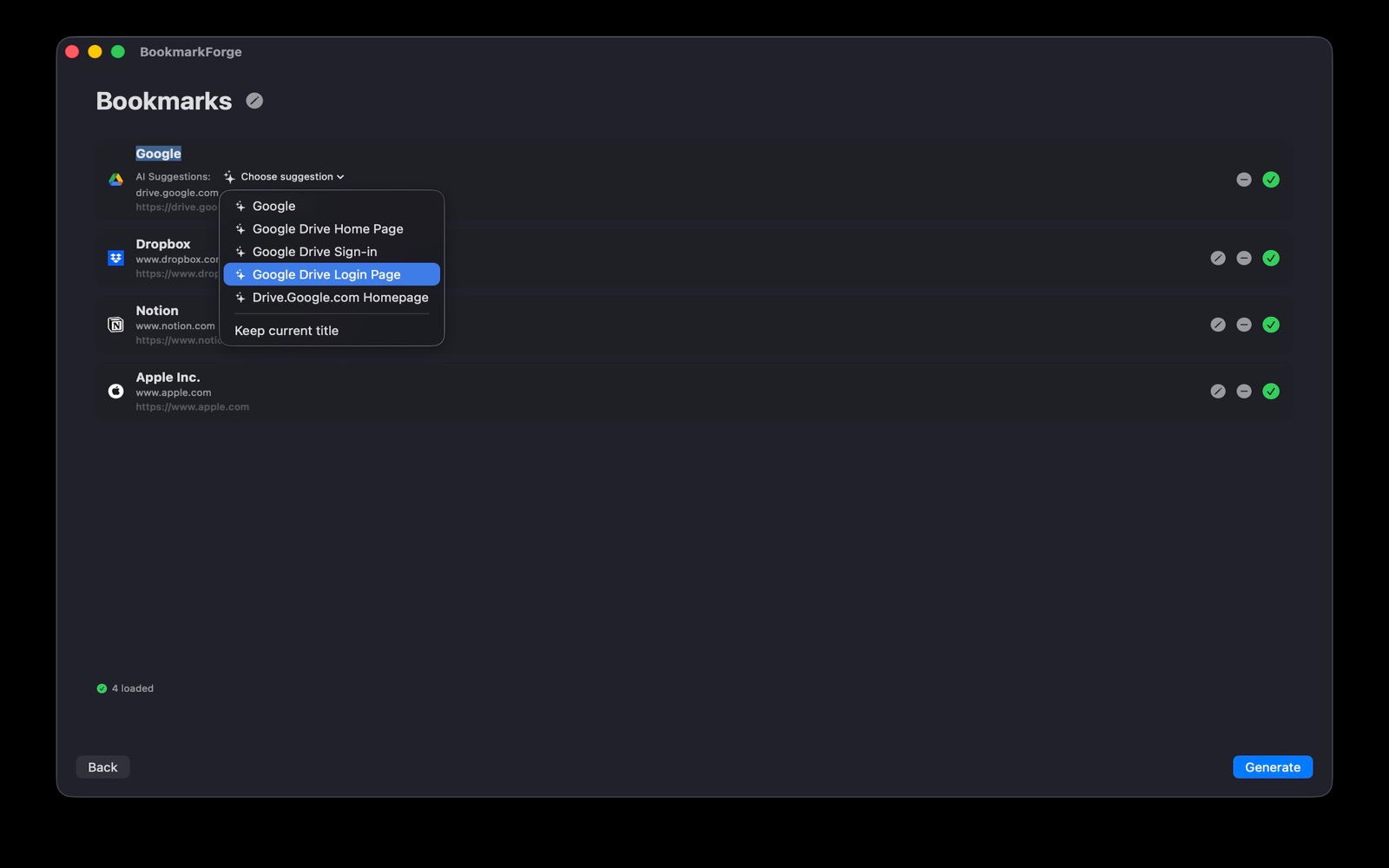 Bookmark Forge showing AI title suggestions for a Google Drive link