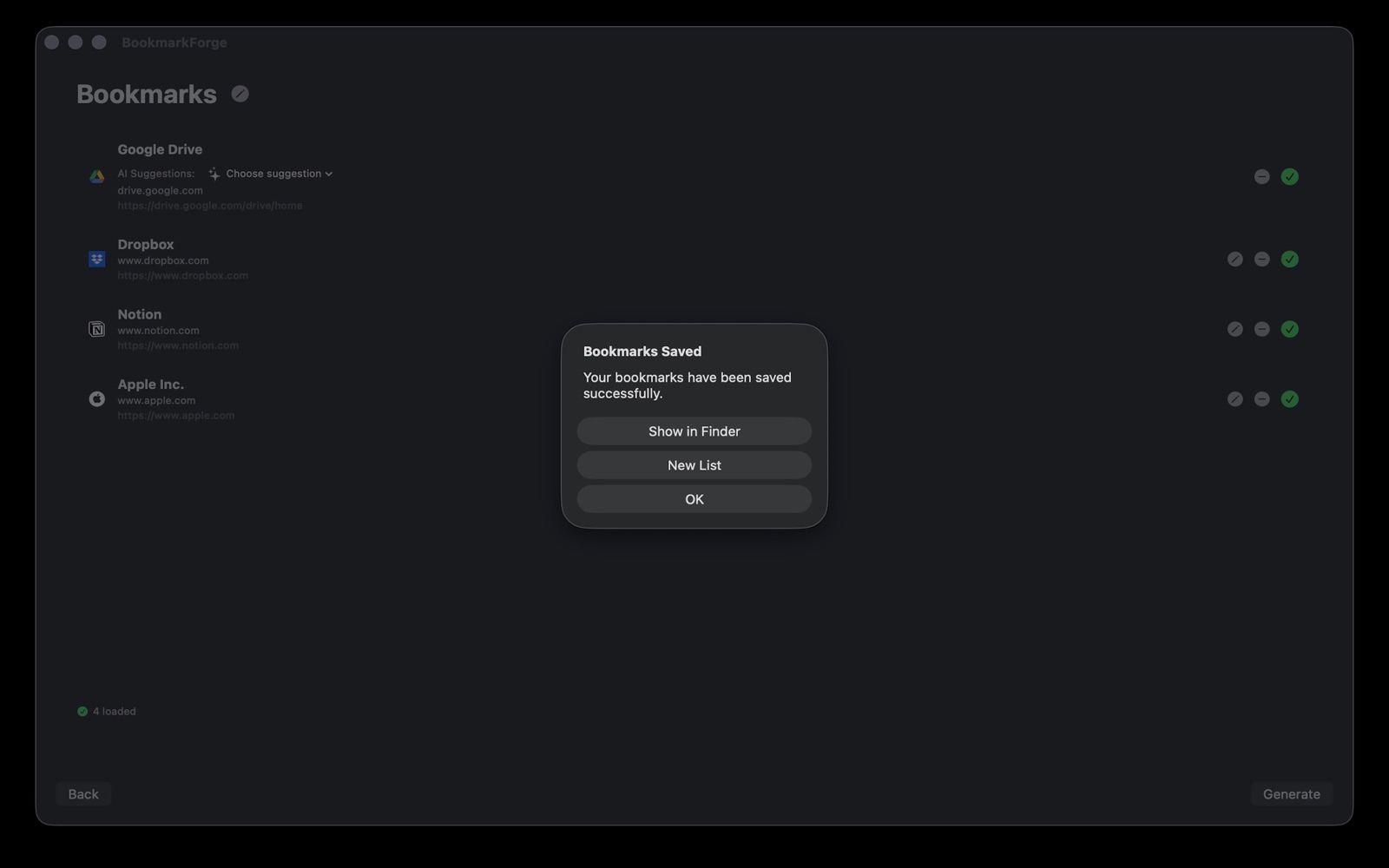 Bookmark Forge confirming the bookmarks were saved