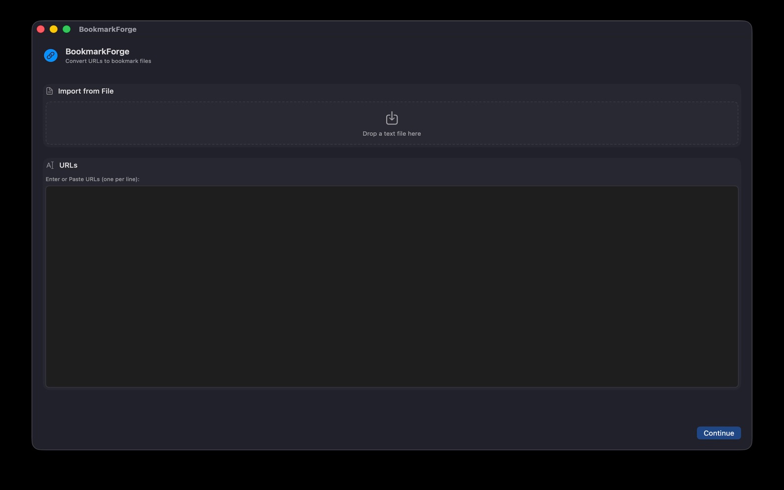 Bookmark Forge's start screen, with a URL box and a drop zone for text files