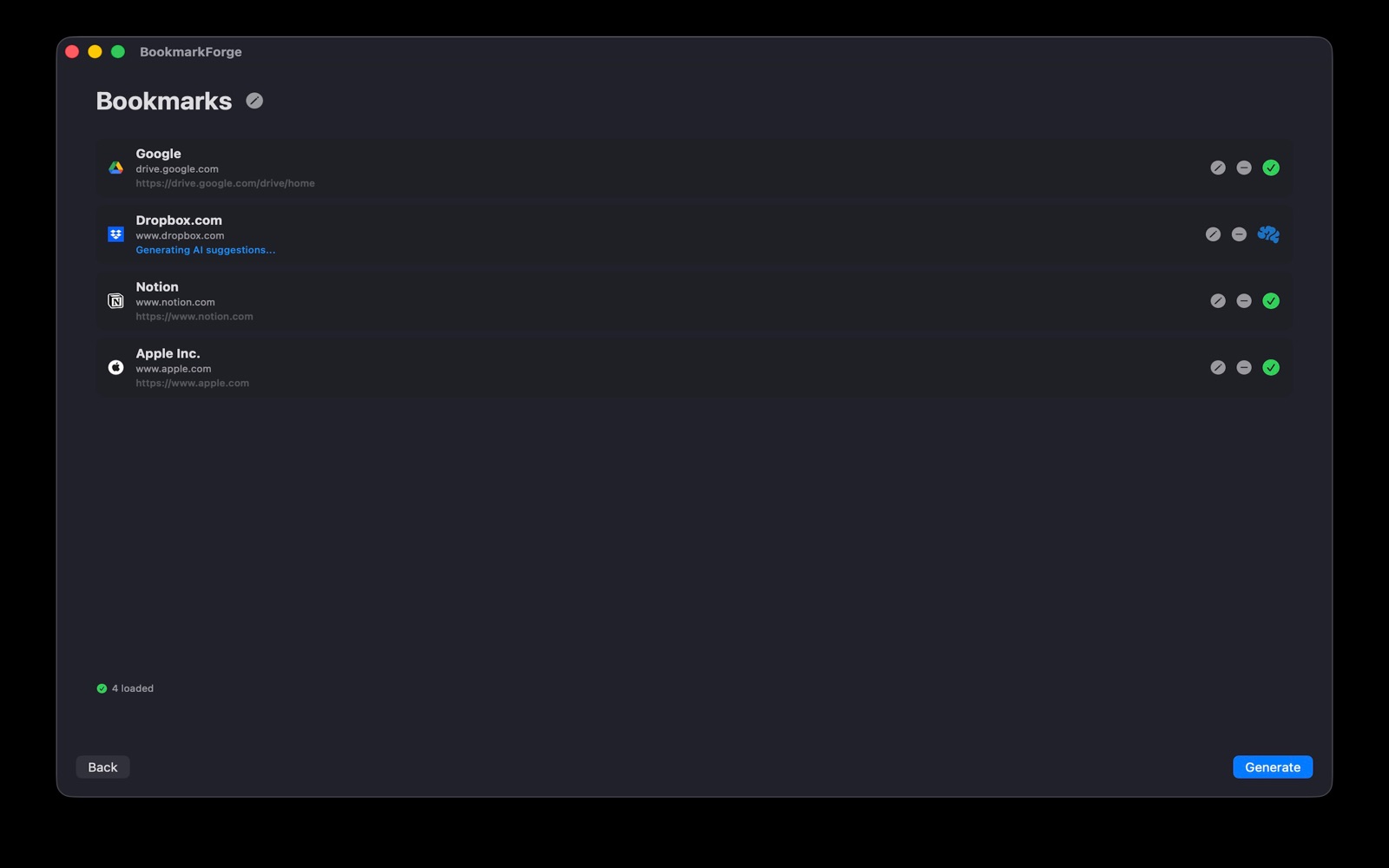 Bookmark Forge generating AI title suggestions for a Dropbox link