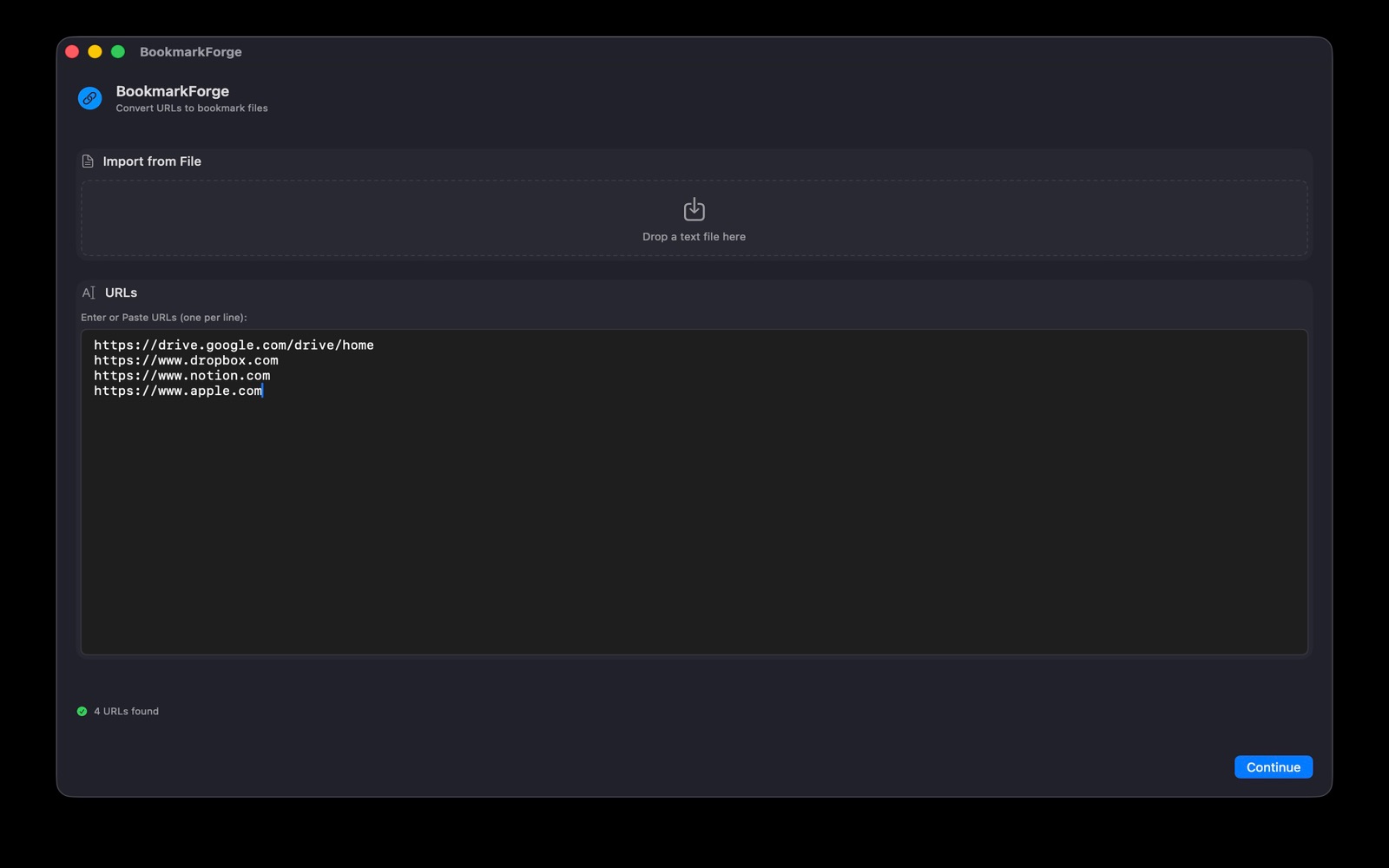 A list of URLs pasted into Bookmark Forge