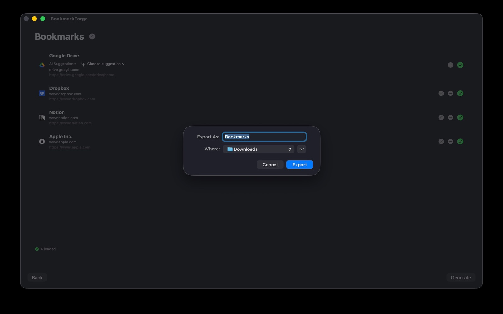 Exporting the bookmarks file to the Downloads folder